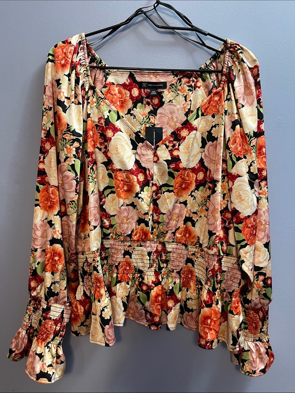 INC International Concepts Black Floral Peasant Blouse